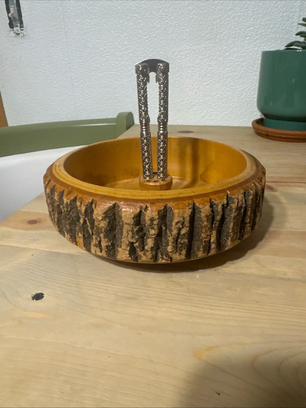 vintage mid-century modern rustic tree bark wood nut bowl Set
